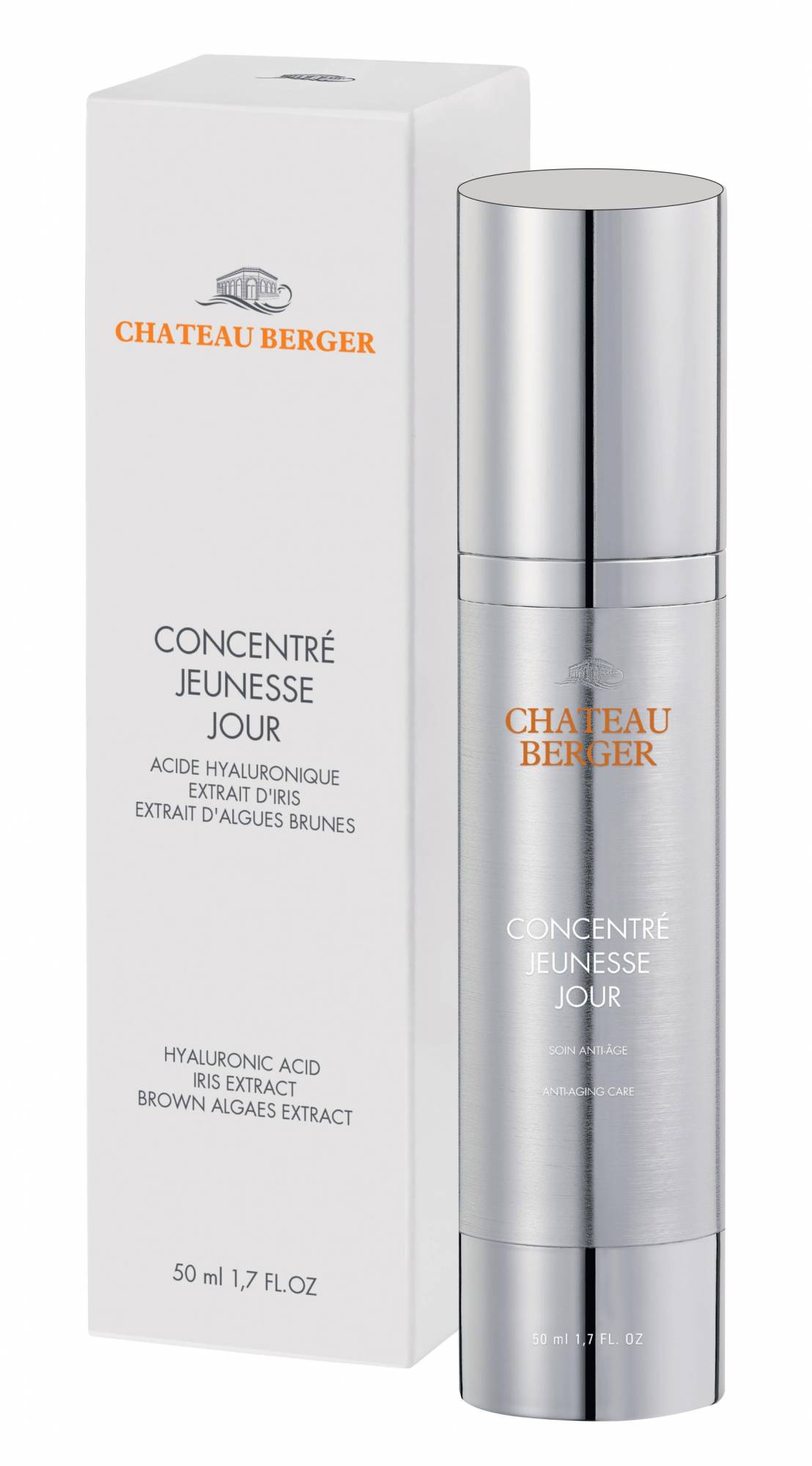 soin de jour concentré en acide hyaluronique, extrait d'iris, vitamines A, C, E, alaria esculenta, huile de tamanu pour protéger, raffermir et hydrater votre visage par chateau berger cosmetiques paris